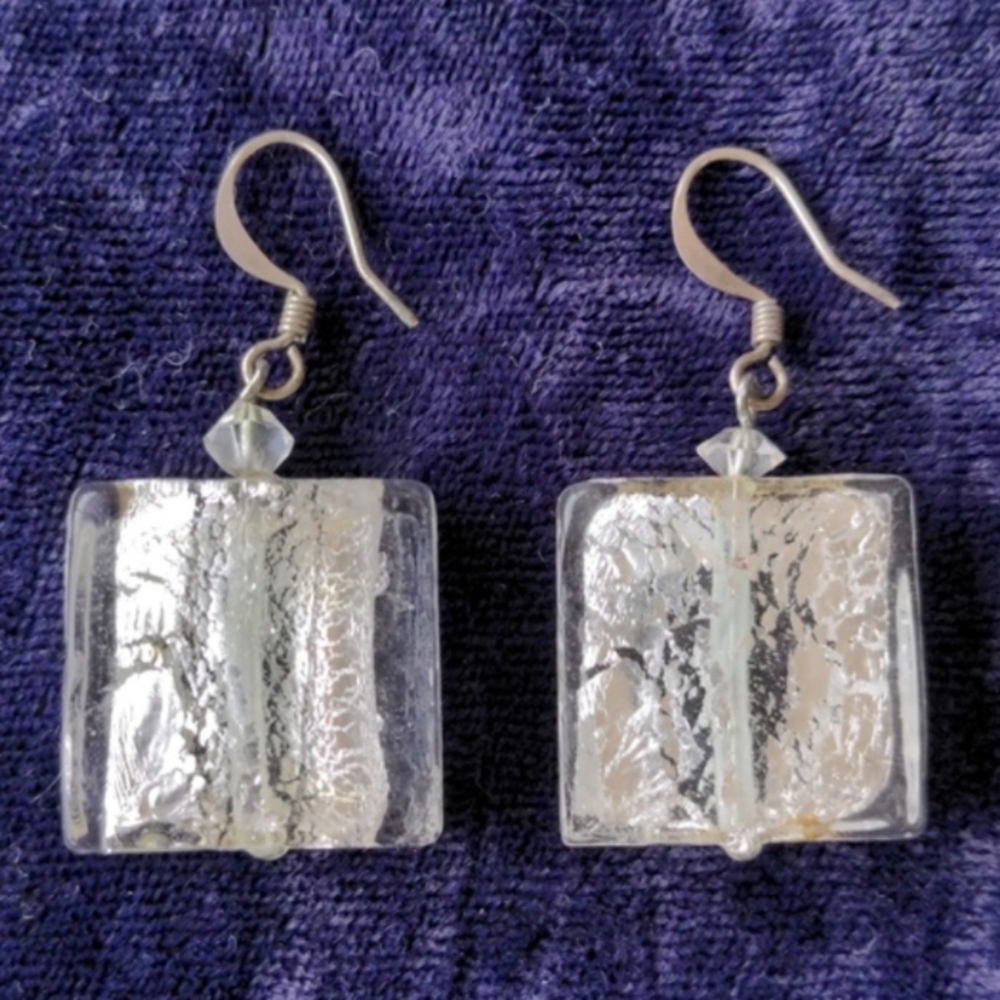 Vintage Modernist Brutalist Murano Glass Earrings With Embedded Silver Foil